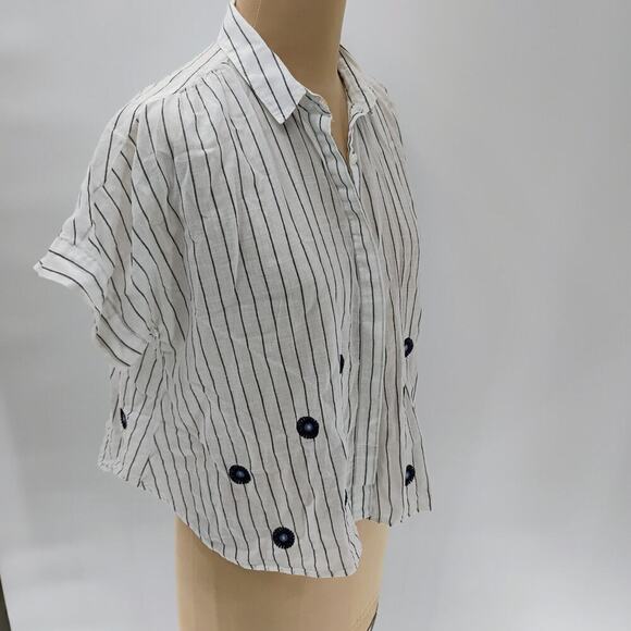 Sz S Madewell Striped Embroidered Button Up Blouse Top Short Sleeve white - Picture 16 of 16